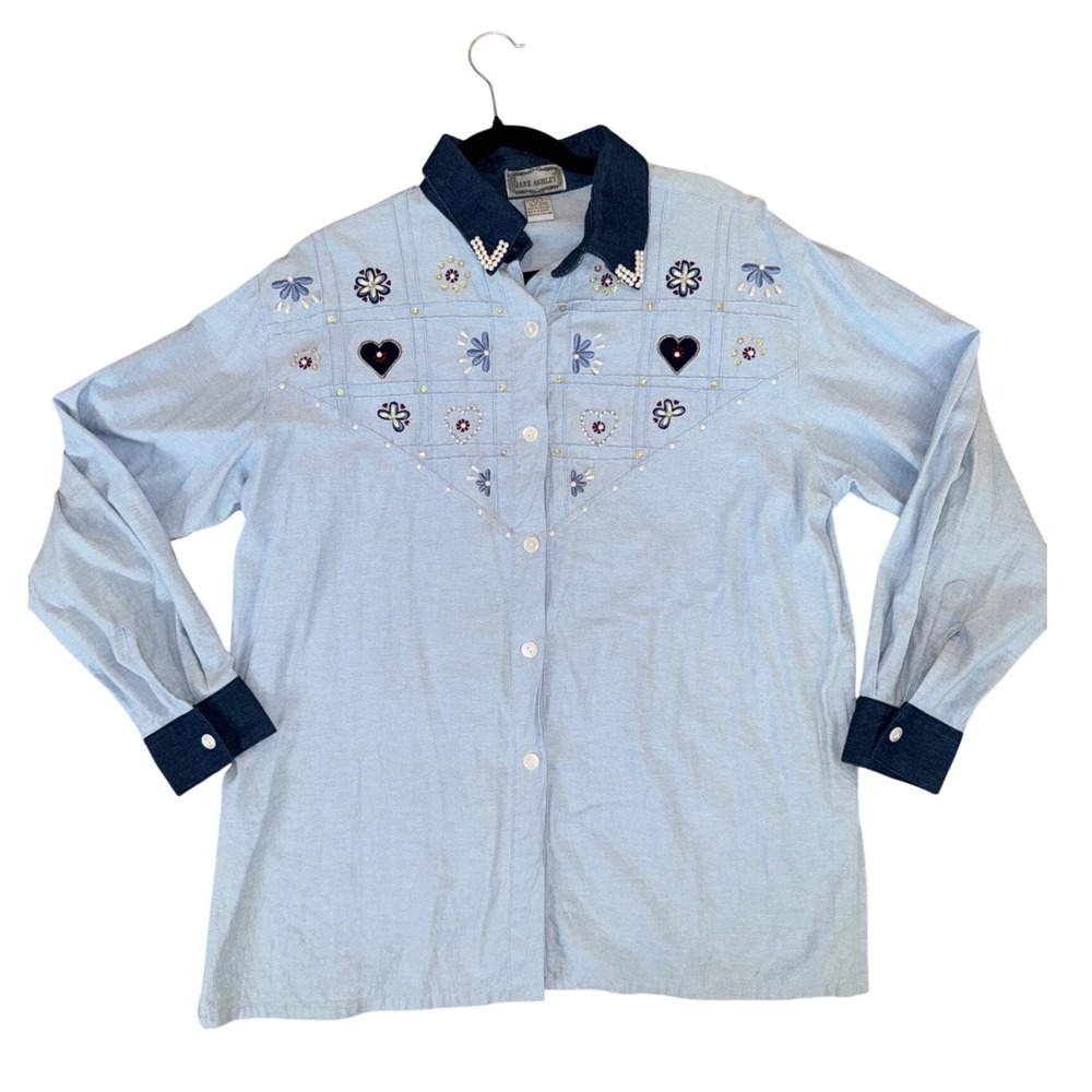 Vintage JANE ASHLEY Button Down Shirt Denim Pearl Heart Floral Embellished‎